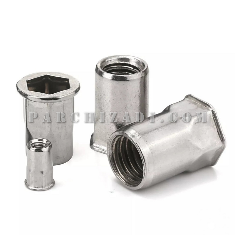 مهره پرچی فولادی شش گوشه سر خزینه (بدون لبه) سایز M5