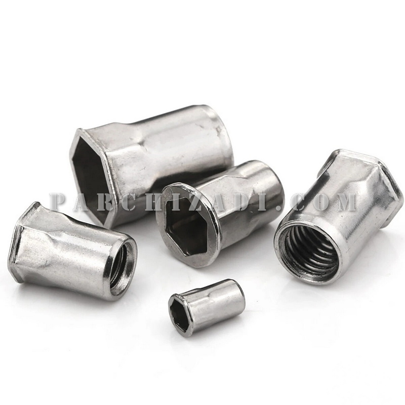 مهره پرچی فولادی شش گوشه سر خزینه (بدون لبه) سایز M6