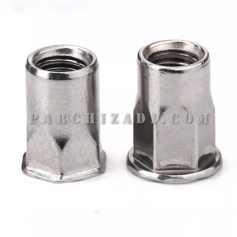 مهره پرچی فولادی شش گوشه سر خزینه (بدون لبه) سایز M8